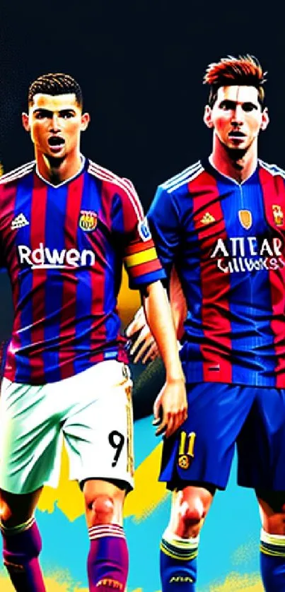 Vibrant artwork of two famous soccer players in colorful uniforms.