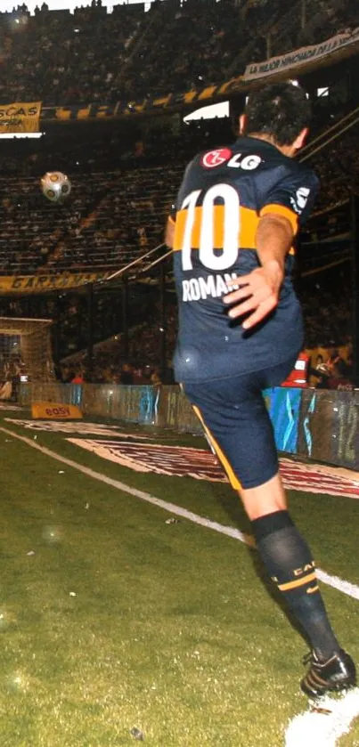 Soccer player mid-kick during intense stadium match.