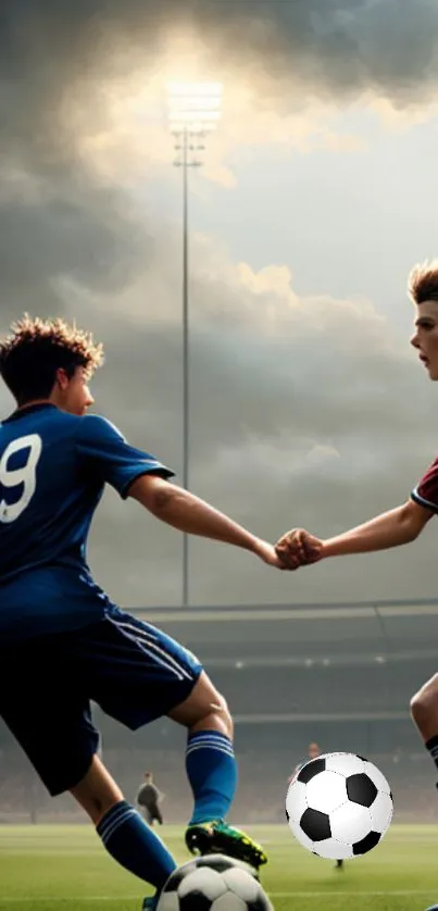 Two soccer players compete passionately under bright stadium lights.