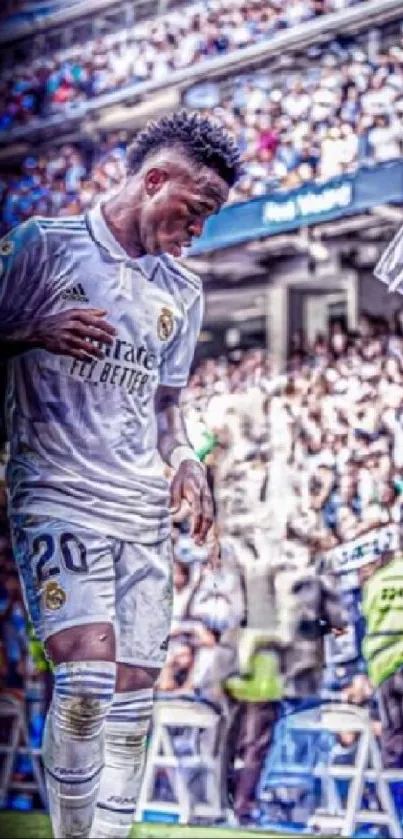 Young soccer player at the corner flag during a lively stadium match.