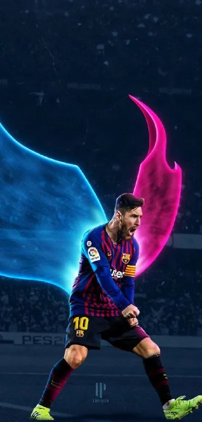 Soccer player with neon wings in dark stadium wallpaper.