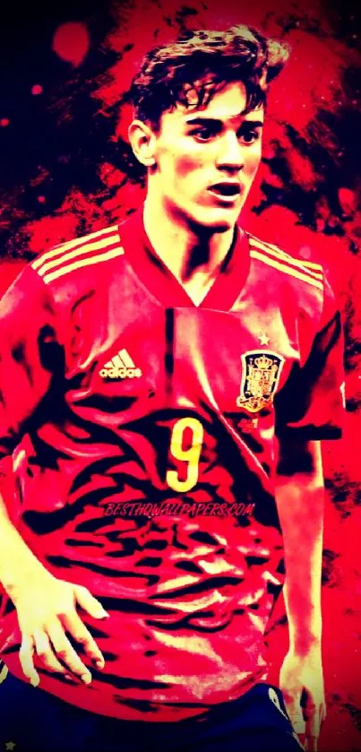 Artistic soccer player wallpaper with red and black design.