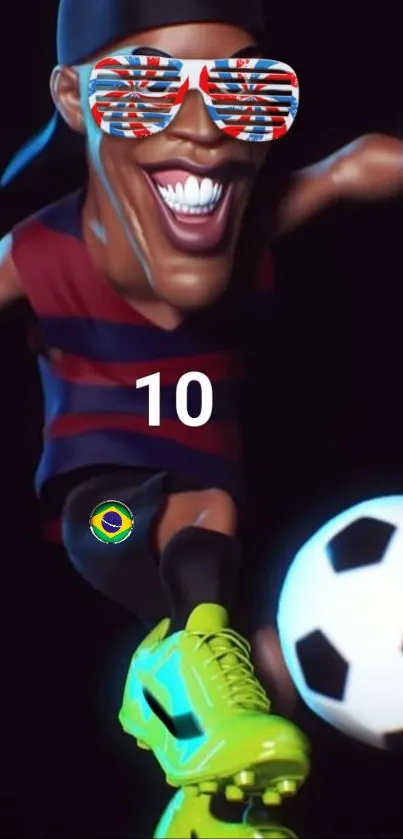 Animated soccer player with neon shoes and sunglasses.