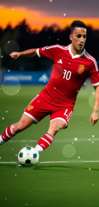 Soccer player in red uniform dribbling at sunset on green field.