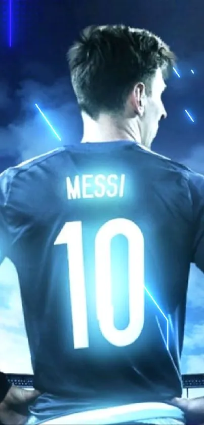 Mobile wallpaper featuring a soccer player in a glow-lit stadium.