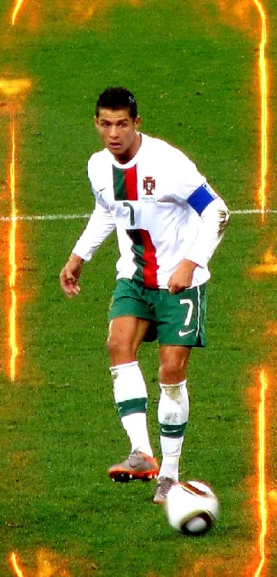 Soccer player in action on a green field, showcasing dynamic sports energy.