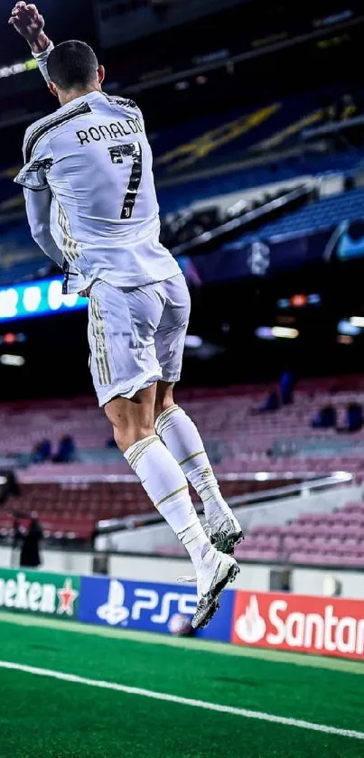 Soccer player jumping in mid-air on the field, capturing a dynamic sports moment.