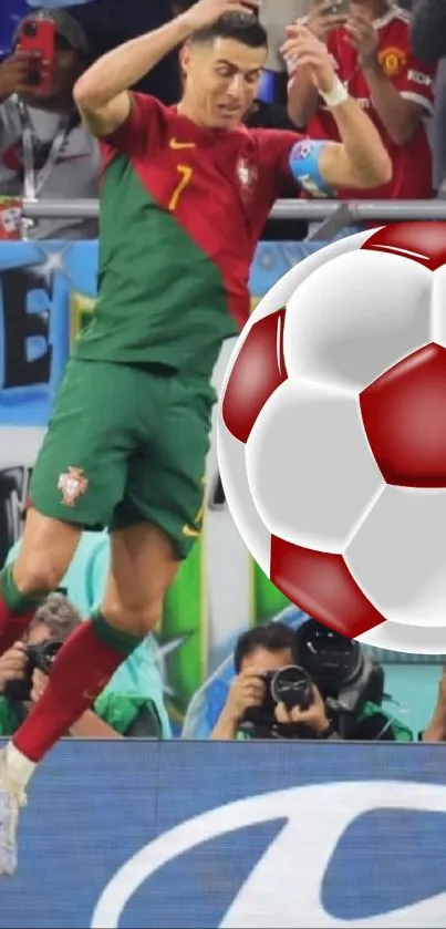 Soccer player jumping with soccer ball close-up in action pose.