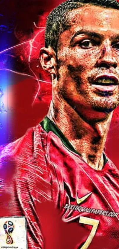 Dynamic red soccer player artwork with vibrant details.