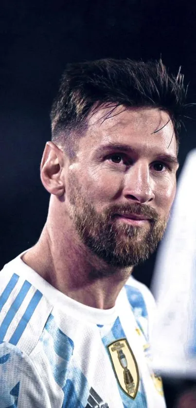 Soccer player in blue and white jersey, looking determined.