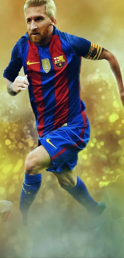 Soccer player in action with vibrant golden background.