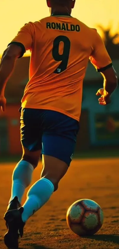 Soccer player in orange jersey playing on a field at sunset.