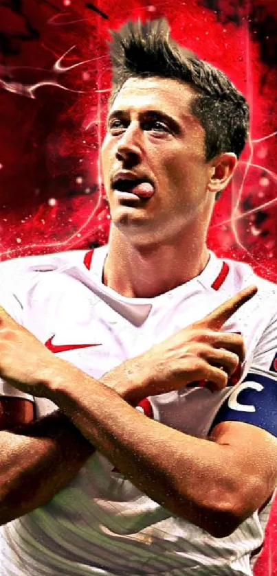 Soccer player in a dynamic red background, striking a celebratory pose.