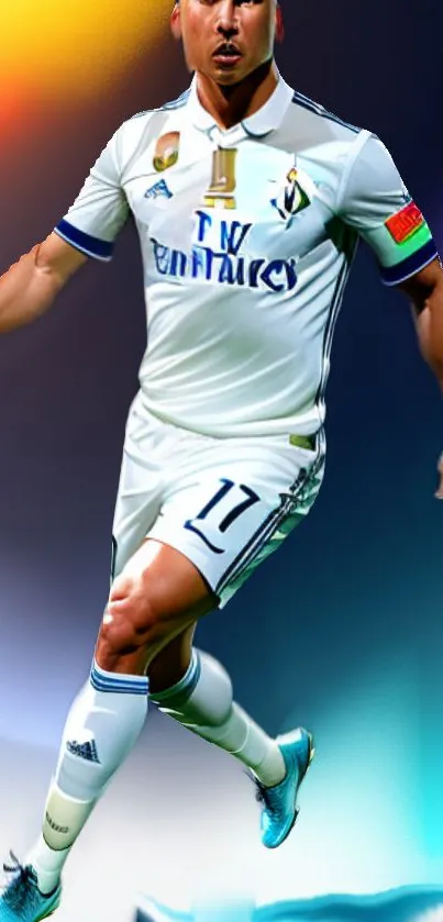 Dynamic soccer player in colorful action pose on mobile wallpaper.