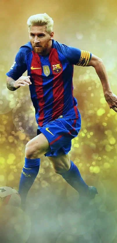 Soccer player in action with a gold bokeh background.