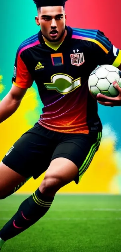 Dynamic soccer player with colorful background on mobile wallpaper.