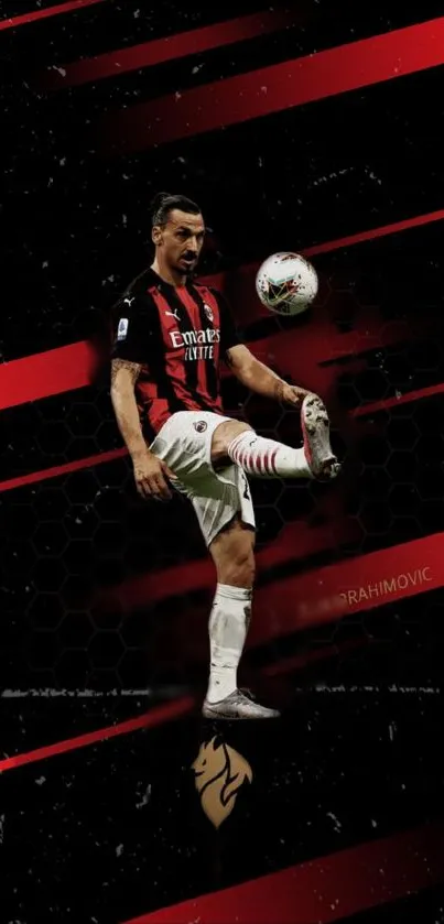 Soccer player in red and black, dynamic mobile wallpaper.