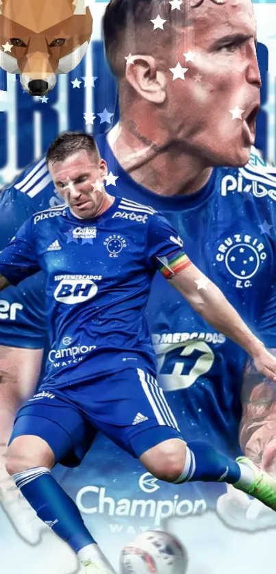 A soccer player in action on a vibrant blue mobile wallpaper.