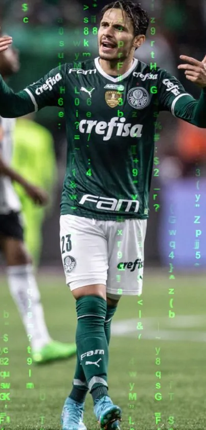 Soccer player in green jersey celebrating on the field.