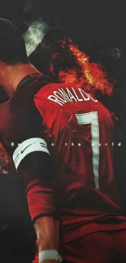 Soccer player with fiery background and dark red tones.