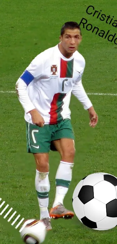 Soccer player in action on football field wallpaper.