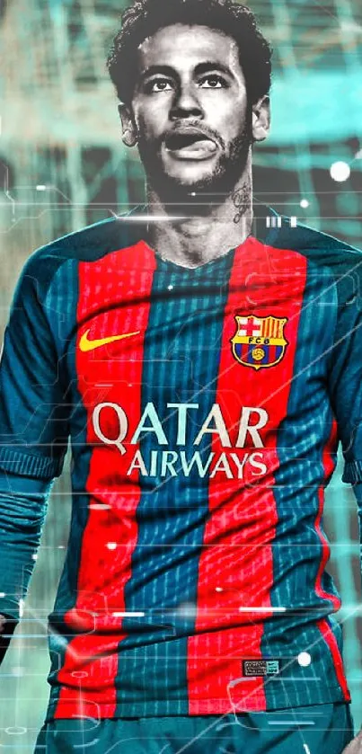 Vibrant soccer player in Barcelona jersey.