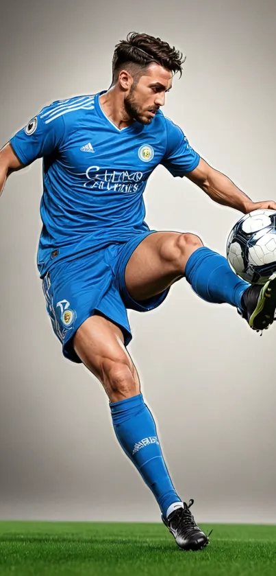 A soccer player in blue uniform skillfully controls the ball.