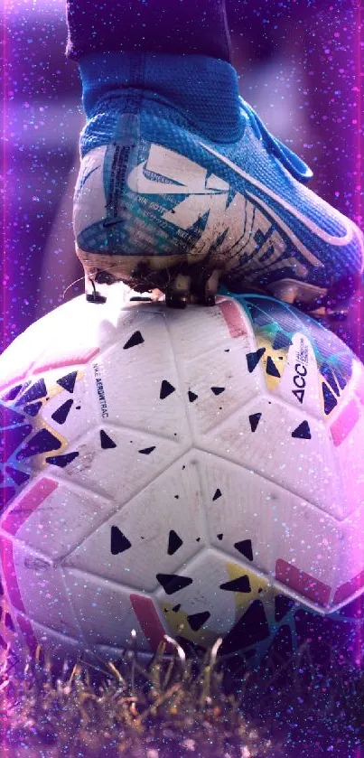 Soccer shoe on a colorful ball with vibrant purple highlights.