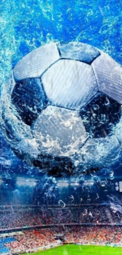Dynamic soccer ball splash in vibrant blue theme.