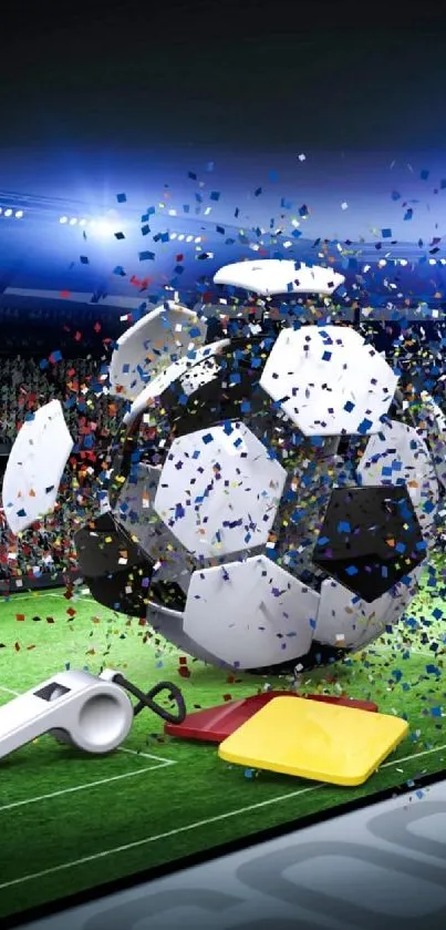 Explosive soccer ball with confetti in a stadium scene.