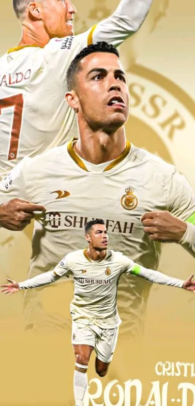 Dynamic soccer star wallpaper with vibrant gold tones.