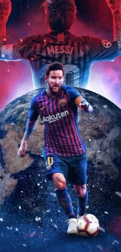 Mobile wallpaper of a soccer star with a cosmic earth background.