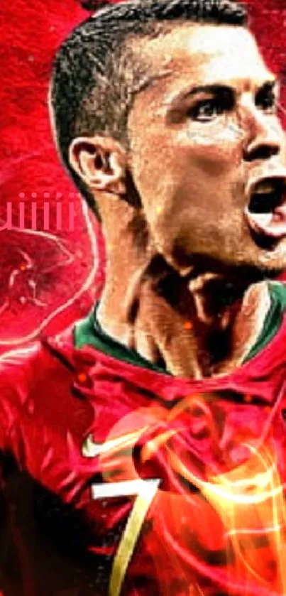 Passionate soccer star wearing Portugal's red jersey in vibrant mobile wallpaper.