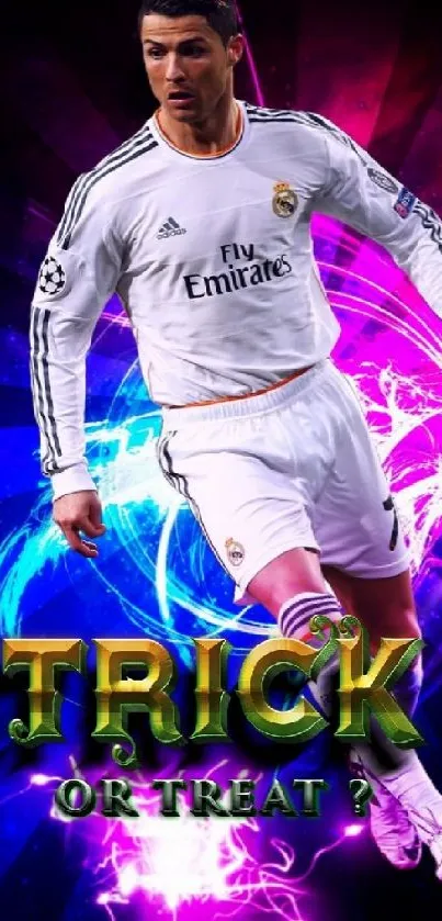 Soccer star with vibrant neon effects in action-packed wallpaper.