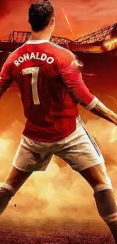 Vibrant soccer player in red, poised and dynamic.