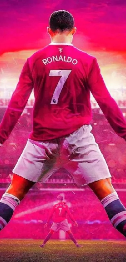 Dynamic soccer star in action with vibrant magenta background.