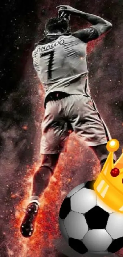 Energetic soccer player with vibrant effects and a crowned soccer ball.