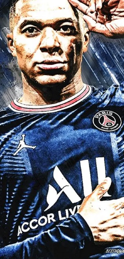 Soccer star in dark blue jersey mobile wallpaper.