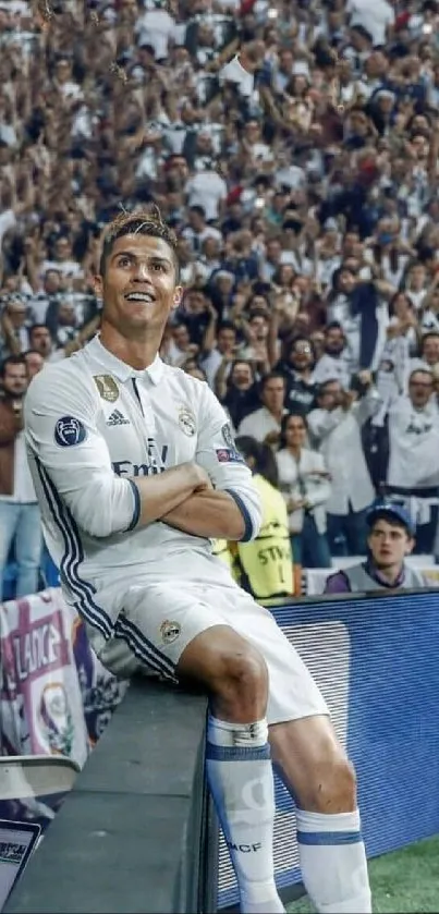 Soccer star posing in dynamic sports event.