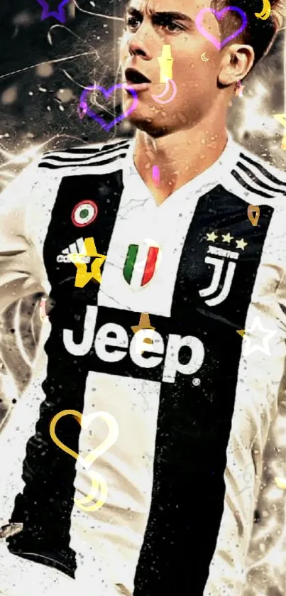 Soccer player in black and white striped jersey with colorful stars.