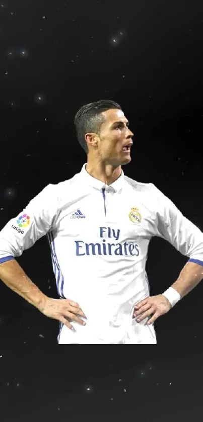 Soccer star in white jersey with cosmic background.