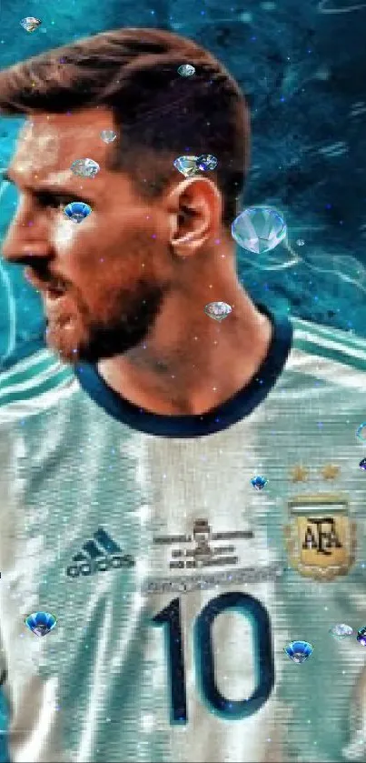 Dynamic soccer star in teal-themed mobile wallpaper.