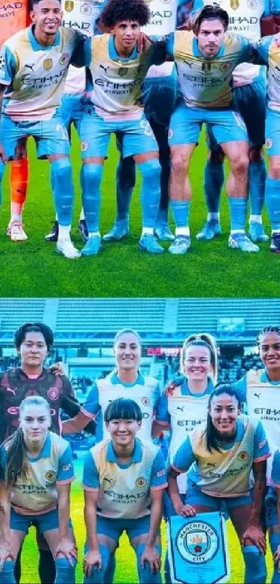 Soccer team posing on the field with blue and yellow kits, expressing unity.