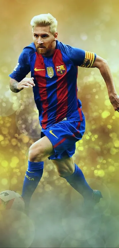 Dynamic action soccer player with vibrant gold bokeh background.