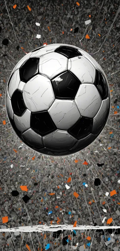 Soccer ball with vibrant confetti background on mobile wallpaper.