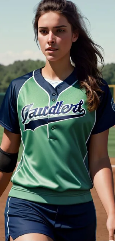 Female softball player in green jersey on field.