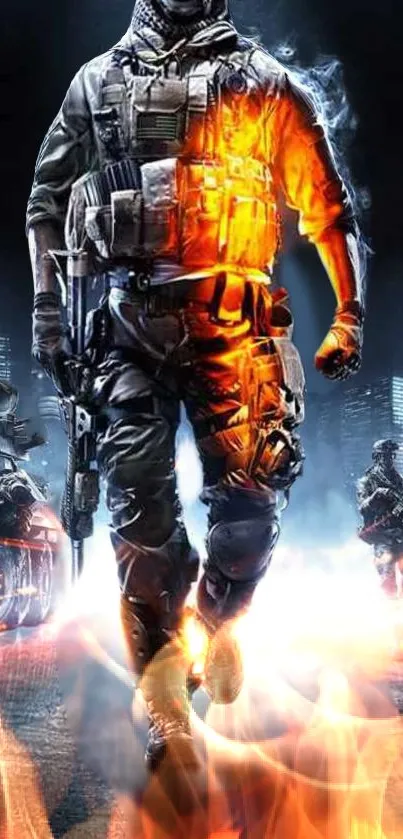 A soldier walks through fire with a city backdrop.