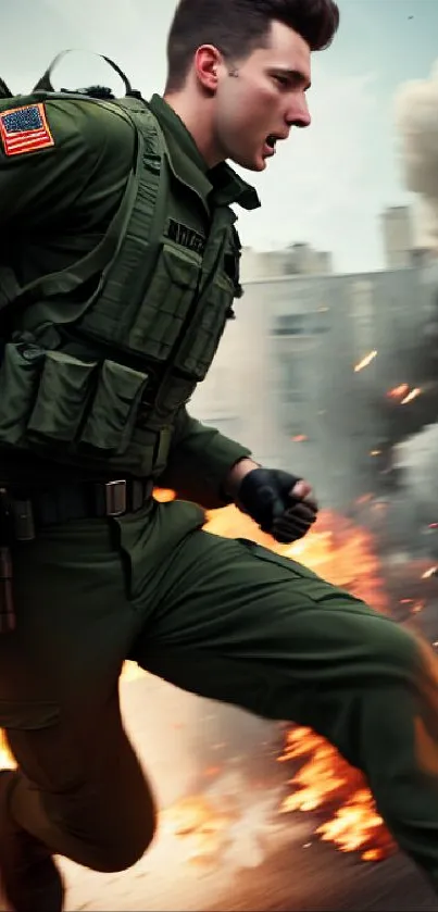 Soldier running with explosions in background, dynamic action scene.