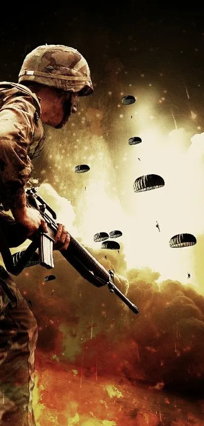 Soldier with parachutes in a dramatic sky, capturing intense military action.