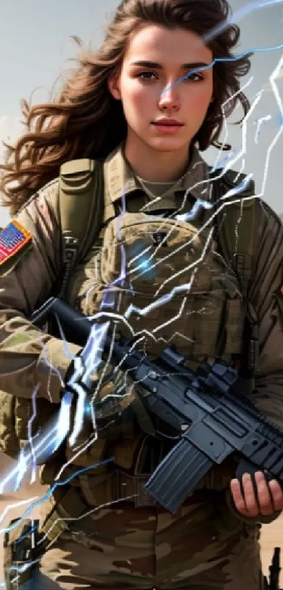 Female soldier on desert background with digital lightning effect.